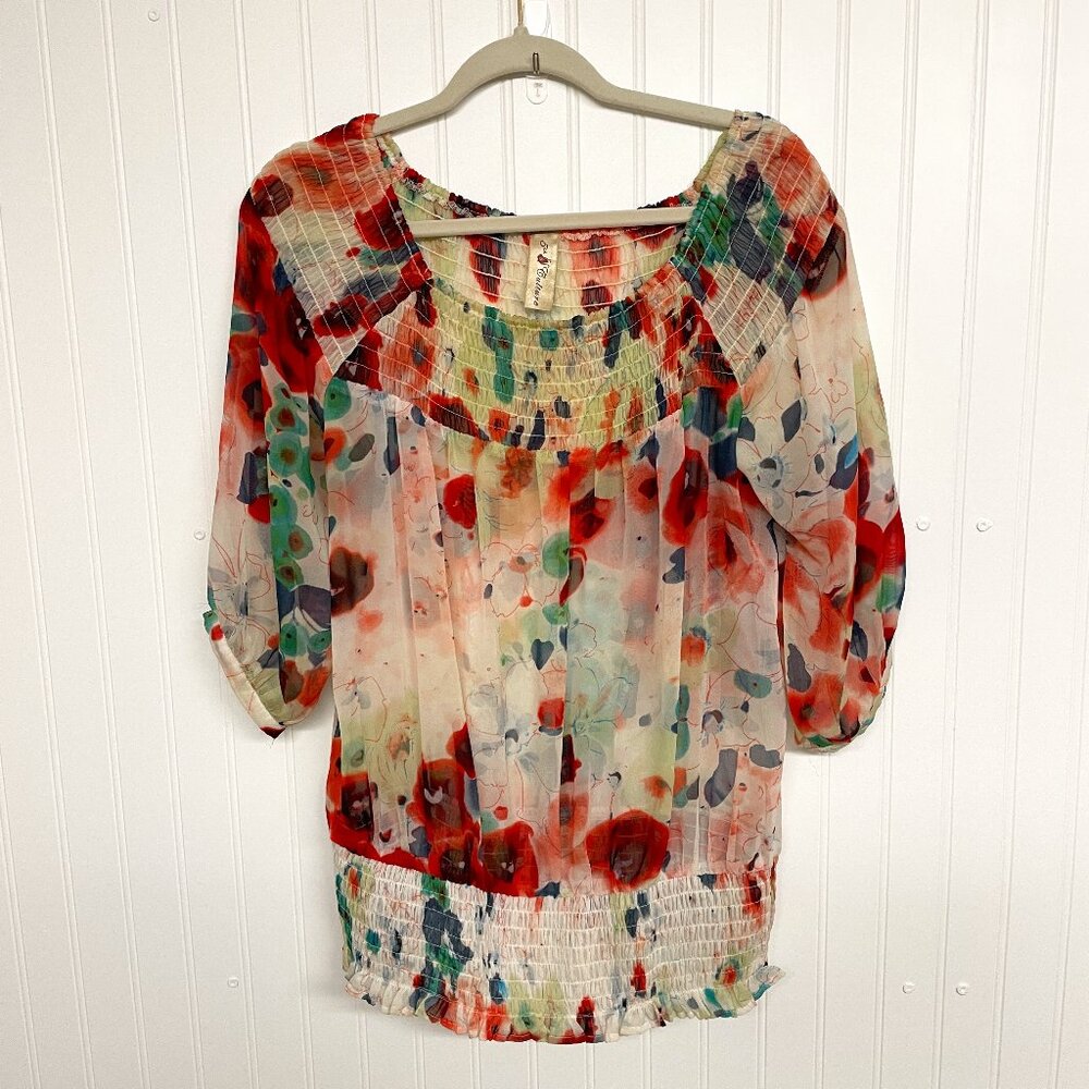 Top 5th Culture Women's Smocked Sheer Floral Size Medium Beige 3/4 Sleeve Boho